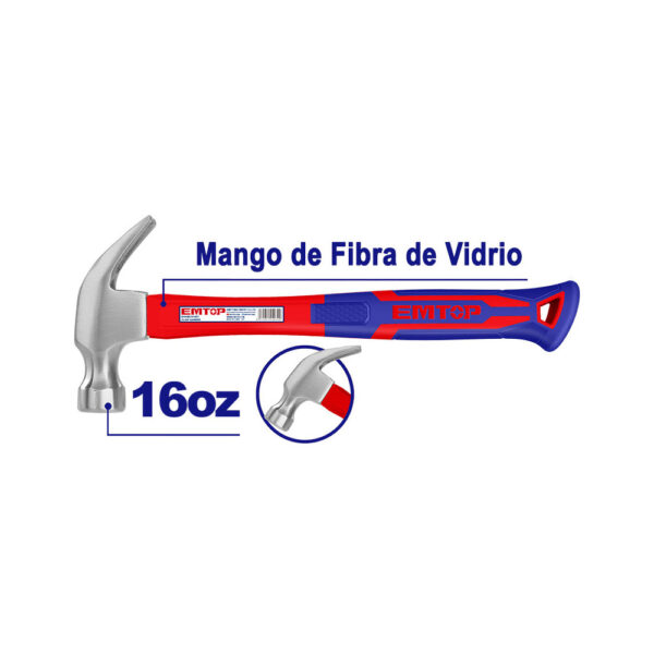 Martillo de uña de 16 oz. Mango fibra de vidrio