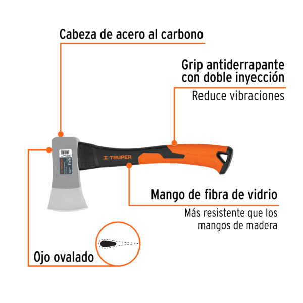 Hacha cazadora 1-1/4 lb, mango fibra de vidrio 14", Truper