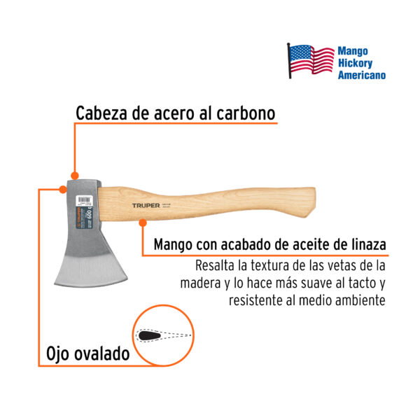 Hacha europea, 600 g, mango hickory 14", Truper