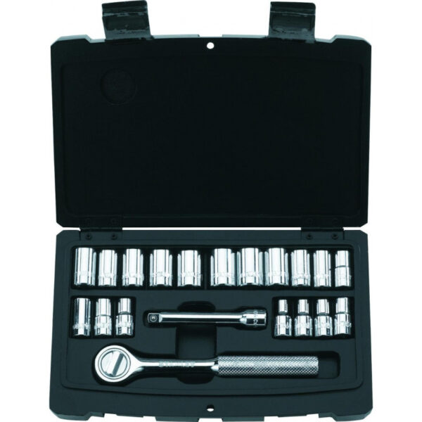 JUEGO DE 20 HERRAMIENTAS MECANICAS, RAIZ DE 1/4, COPAS EXTENSIONES Y RATCHET CON MALETA PLASTICA.