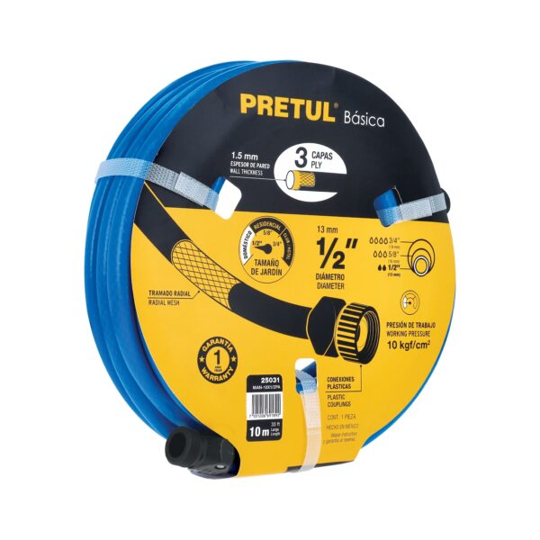 Manguera azul 1/2" 3 capas 10 m conexiones plásticas