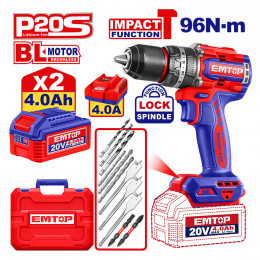 BARRENO/TALADRO PERCUTOR INALAMBRICO 20 VOLTIOS, VV, BRUSHLESS, MANDRIL METALICO DE 1/2, TORQUE 96NM. EMTOP