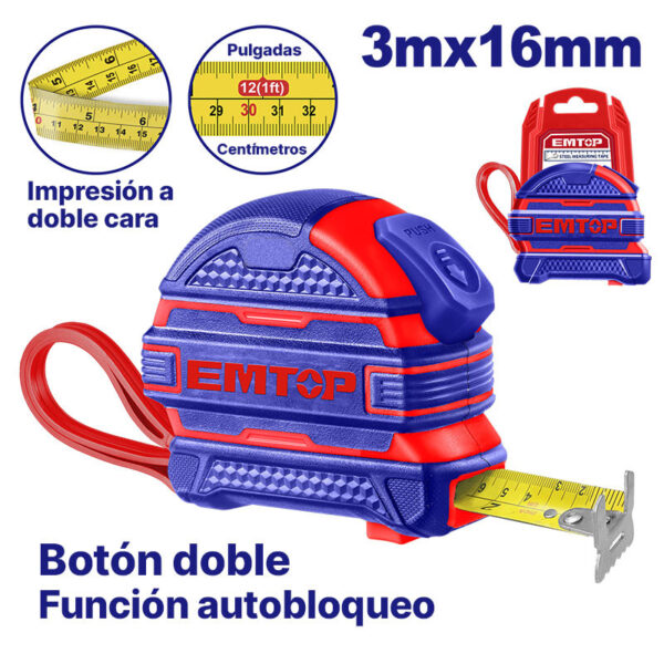 CINTA METRICA CON HOJA DE ACERO, 3 METROS X 16MM, FUNCION DE BLOQUEO.