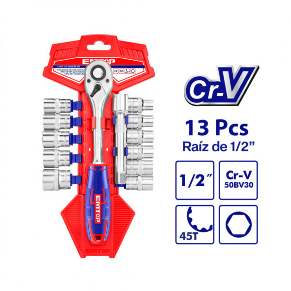 JUEGO DE 13 COPAS/DADOS/CUBOS METRICAS, RAIZ DE 1/2 , CON RACTCH Y BARRA DE EXTENSION.