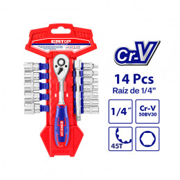 JUEGO DE 14 COPAS/DADOS/CUBOS METRICAS, RAIZ DE 1/4 , CON RACTCH Y BARRA DE EXTENSION