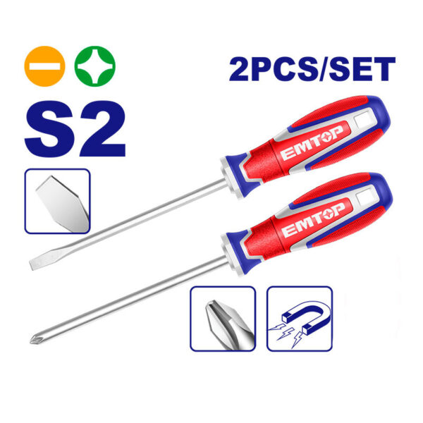 JUEGO DE 2 DESTORNILLADORES, PHILLIPS PH2 Y PLANO 6.5 MM, PUNTA MAGNETICA, 5 PLG, DE LARGO. EMTOP