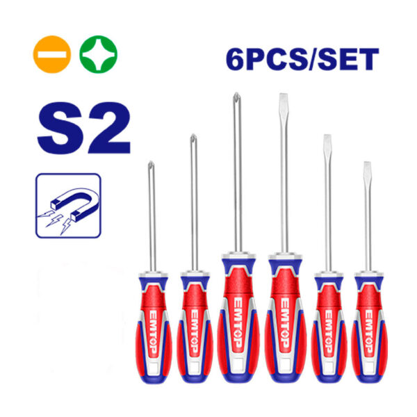 JUEGO DE 6 DESTORNILLADORES, 3 PHILLIPS Y 3 PLANOS, PUNTA MAGNETICA.