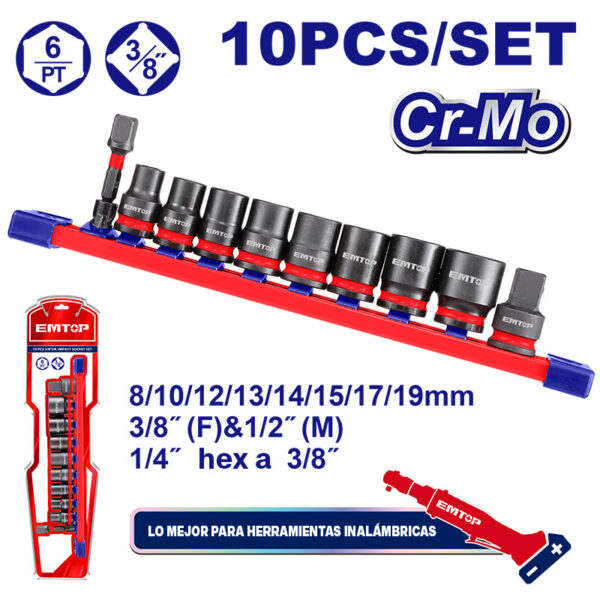 SET 10 PIEZAS DE IMPACTO, RAIZ 3/8 PULG, 2 ADAPTADORES Y 8 COPAS MILIMETRICAS. 8,10,12,13,14,15,17,19