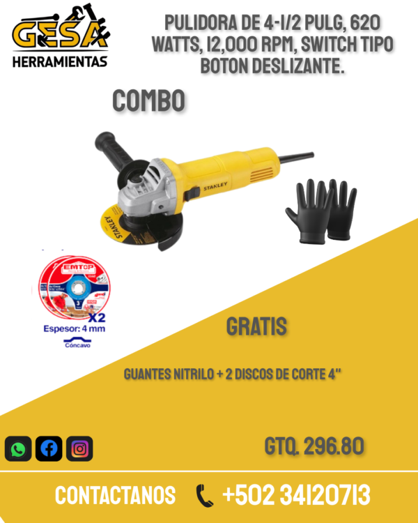 PULIDORA DE 4-1/2 PULG, 620 WATTS, 12,000 RPM, SWITCH TIPO BOTON DESLIZANTE.