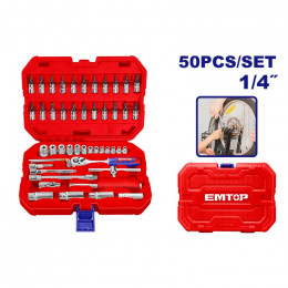 JUEGO DE COPAS 50 PIEZAS MILIMETRICO, RATCH 1/4, EXTENSIONES, JUNTA, BARRA FLEXIBLE, BARRA EN T, CR-V.