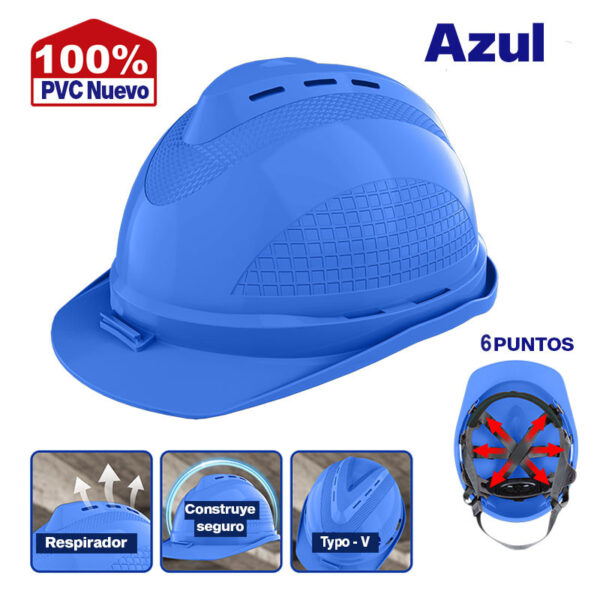 CASCO DE SEGURIDAD COLOR AZUL, RANURAS DE VENTILACION, REFUERZO SUPERIOR EN V.