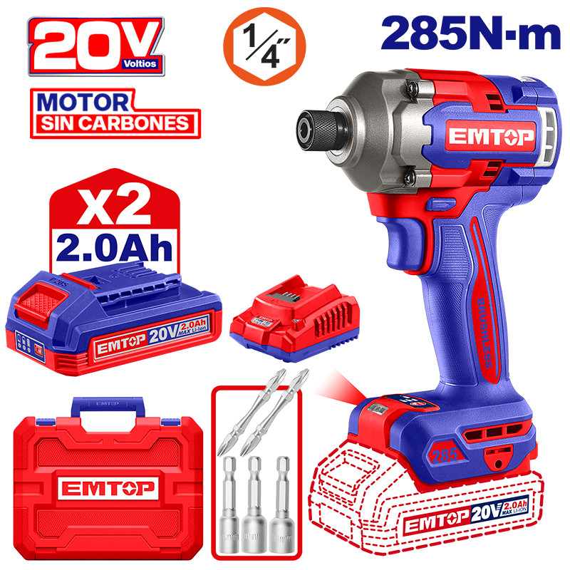 ATORNILLADOR DE IMPACTO INALAMBRICO 1/4, 20V, BRUSHLESS, 285NM, 2 BATERIAS Y CARGADOR. EMTOP